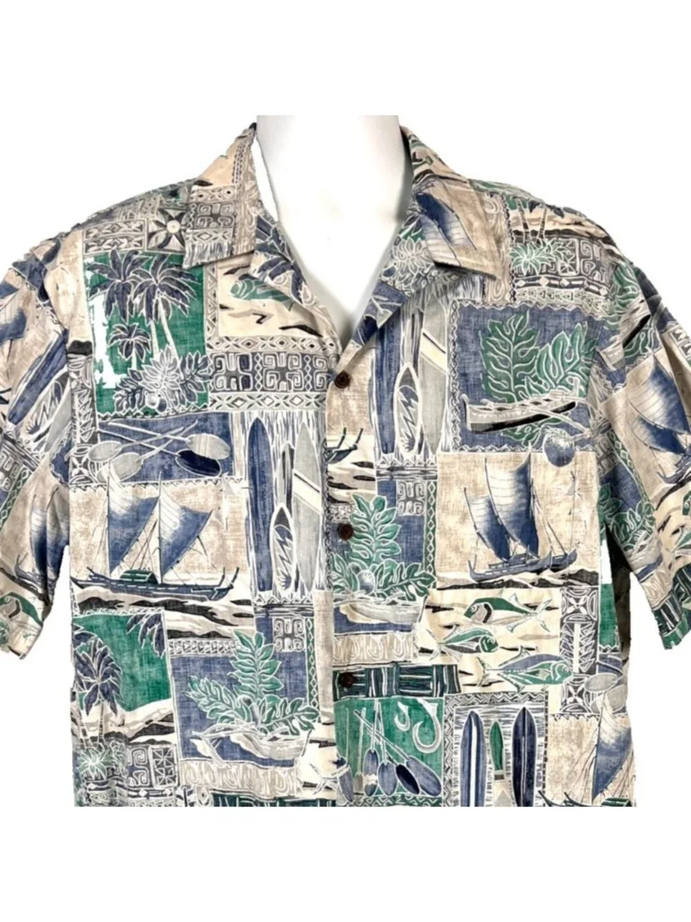 RJC Tapa Fish Canoe Ocean Mens Hawaiian Shirt size XL 49x31 Cotton USA Made
